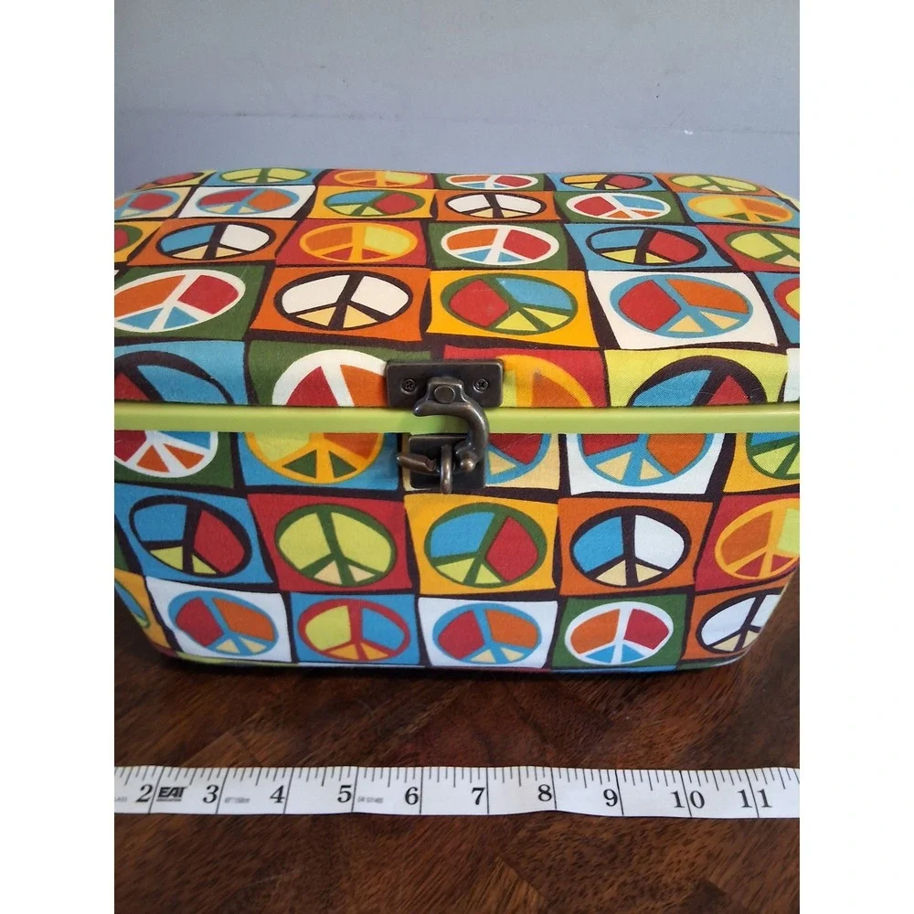 Vintage Style Peace Sign Sewing Basket Organizer Box with Removable Tray Multi